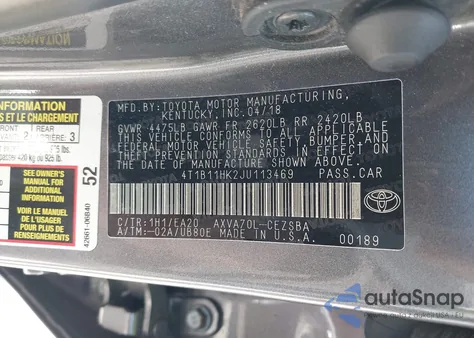 2018 Toyota Camry Se from USA, damaged, VIN 4T1B11HK2JU113469